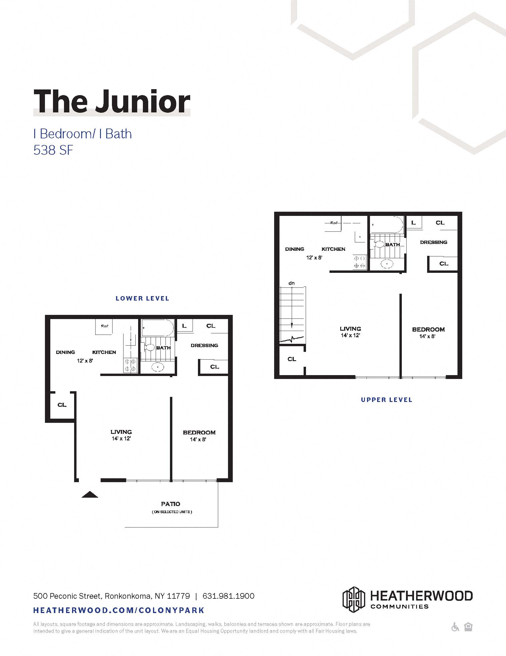 Floor plan for 1 bed, 1 bath, 538 sqft